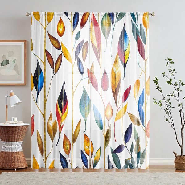 2 Piezas Cenefa De Ventana Estampada Con Hojas BotáNicas En Acuarela Digital HD DecoracióN De Estilo Para El Hogar DecoracióN Sala De Estar Dormitorio W52H63Inchw132H160Cm-image