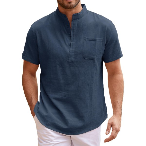 Camiseta Henley De Manga Corta Para Hombre Nueva De Verano, Ligera, De AlgodóN Y Lino - Transpirable, Estilo BáSico Casual, Tops De Color SóLido L Azul Marino-image