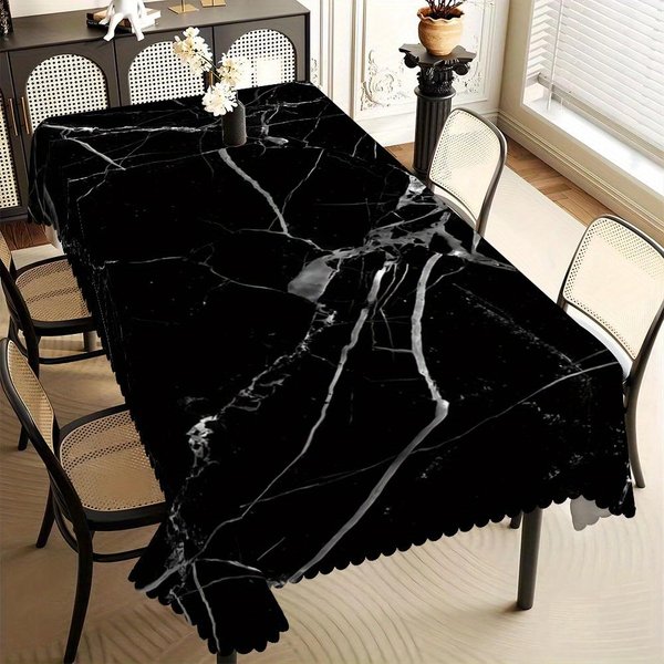 Nowoczesny Obrus Z Nadrukiem Czarnego Marmuru, WzóR Z BiałYmi żYłKami, Falbankowy Brzeg, Plamoodporny, Do Jadalni I Eleganckiej Dekoracji Domu 140X180Cm-image