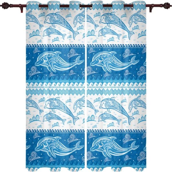ZasłOny ZaciemniająCe Dolphin Wave Letnie Grube ZasłOny ZaciemniająCe Nowoczesny Salon Sypialnia Wysokie Zacienienie Draperia Nowy Styl Motyw Niebieski ZasłOna Okienna W55 X H120Cm X 2&Grommet Top-image