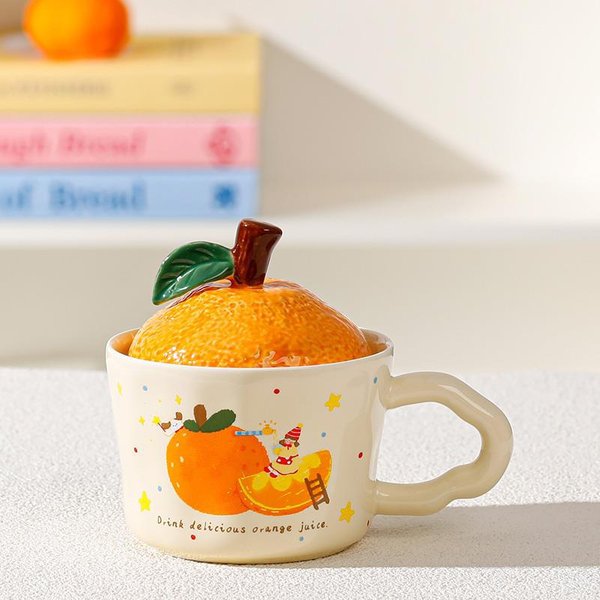 PomarańCzowy Kubek Na Wodę Biuro Prezent Urodzinowy Ceramiczny Kubek Kubek Kubek Z Pokrywką PamiąTka Uroczy Kubek Domowy Kubek Do Picia Wody 330ML-image