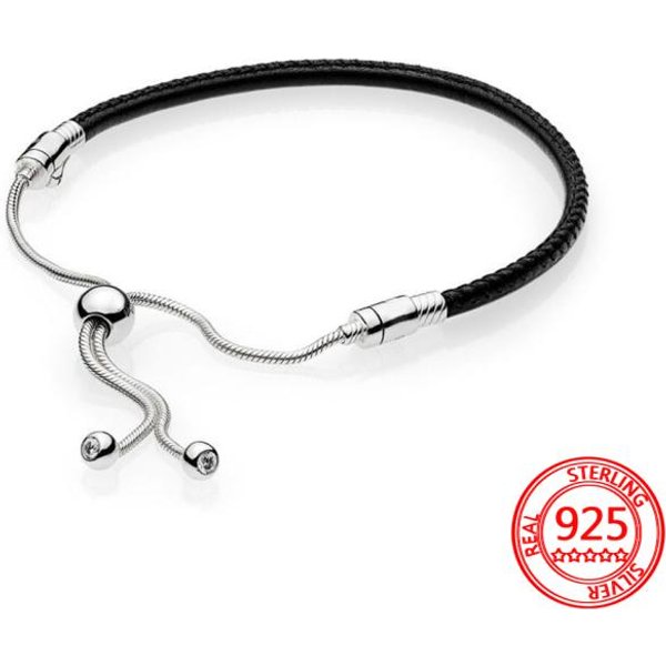 Prawdziwa 925 Sterling Silver Moments Four Style Snake -Shaped Chain Slider Bransoletka SkóRzana Bransoletka śLubna Dla Dziewczyny BiżUteria Black-image
