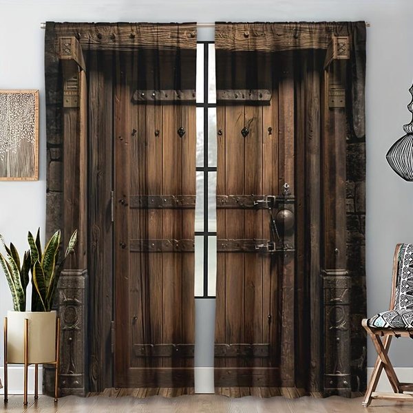2 Piezas Cortinas RúSticas Con PatróN De Puerta - Cortinas De Ventana Con Bolsillo Para Barra Para DecoracióN Del Hogar Y Privacidad En Estudio, Dormitorio, Cocina O Sala De Estar W60 X H150(Cm)X2&Grommet Top-image