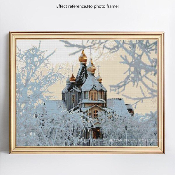 Bordado De Diamantes Iglesia De Invierno Redondo Completo Paisaje Pintura De Diamantes Nieve Mosaico PedreríA 20X30CM Beige-image