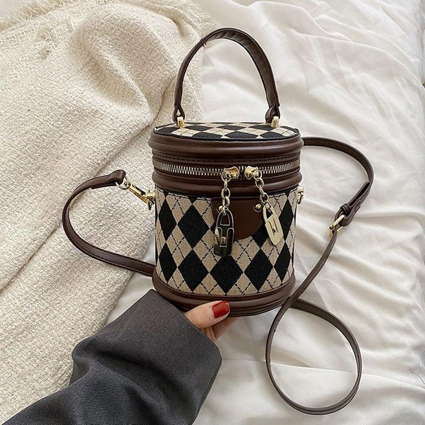Bolso Bandolera Para Mujer, Bolso Tipo Cubo De Piel SintéTica, Bolso De Hombro, Minibolso Elegante, Bolso Hobo, Bolso De Mano, Entramado Vintage Bonito-image