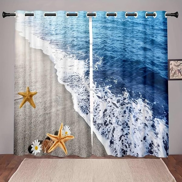 2 Piezas Cielo Azul Palmera Playa ImpresióN Digital 3D Cortina DecoracióN Del Hogar Bolsillo Para Barra Cortina Para Sala De Estar Oficina Hogar 2X50W130H(Cm)&Hook-image