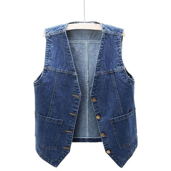 Plus Rozmiar Damski Guzik Z Przodu DżInsowa Kamizelka Vintage V Neck Bez RęKawóW Kamizelka DżInsowa Damska Jesienna Odzież Wierzchnia Kardigan Topy Xl Kolor Ciemny Niebieski-image
