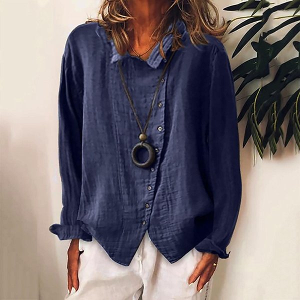 Camisa De Lino Y AlgodóN Transpirable De Corte Holgado Para Mujer Tallas Grandes Manga Larga Botones Arriba Top Casual Blusa TúNica Para Uso Diario Xxxl Azul Oscuro-image