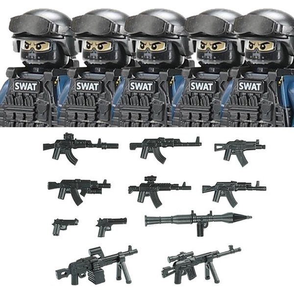 Figurki Wojskowe Policja Riot ŻOłNierz Klocki Miasto Komandos SiłY Specjalne Swat Broń Kamizelka CegłY Zabawki Dla Dzieci Prezent Black-image