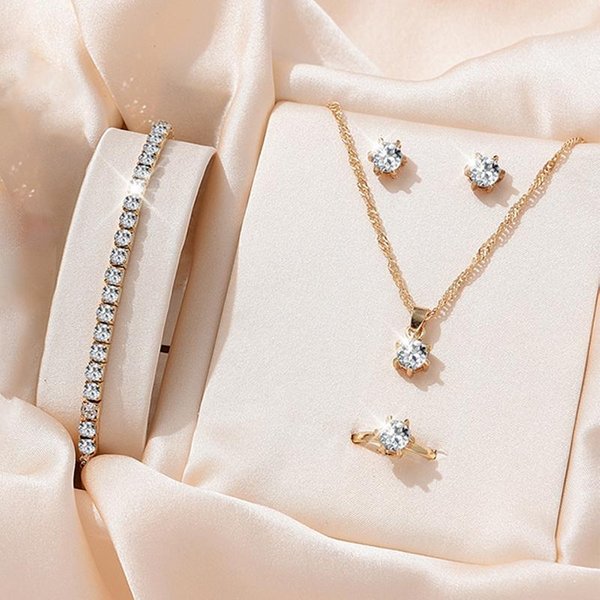5 Sztuk Eleganckie Zestawy BiżUterii KryształOwej Dla Kobiet Naszyjnik Kolczyki PierśCionek Bransoletka KsiężNiczka BiżUteria śLubna Zestaw śLubny Walentynki A5-image