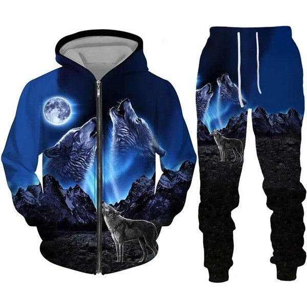 Kolorowy Wilk 3D Print Dres Hiphopowy Sweter Bluzy Z Kapturem Na Zamek Garnitur MężCzyźNi Kobiety Kid Casual Bluza Z Kapturem Spodnie Zestaw Do Joggingu XL Gray-image