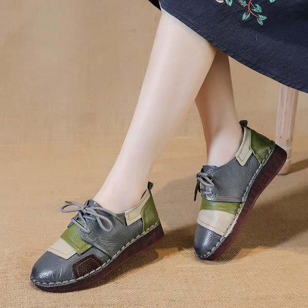 Zapatos Casuales De Mujer De Piel De Vacuno De Primera Capa Con Suela Plana, Estilo éTnico, Bloques De Color, Zapatos Individuales De Cuero Genuino, Zapatos De AlgodóN Para Madre De Mediana Edad 41 White-image