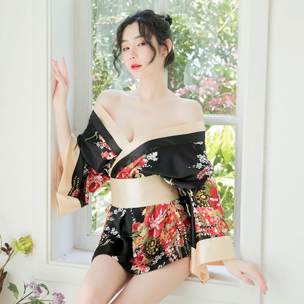 LenceríA EróTica Talla Grande Sexy Escote En V Profundo Kimono JaponéS Lindo JuguetóN Cosplay Bata Conjunto Hueco One Size Negro-image