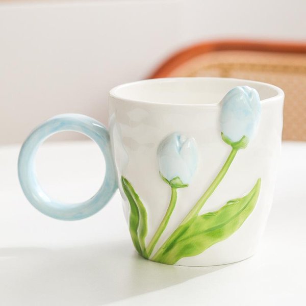 Ins Wysokiej JakośCi Kubek Tulipana Niszowy Design Ceramiczny Kubek Dla Dziewczyn Kubek Do Picia Wody Kubek Do Kawy Do Domowego UżYtku 401-500Ml Beige-image