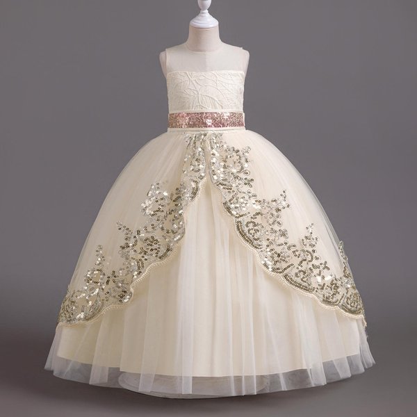Elegante Vestido De Fiesta De Boda Para NiñAs De Las Flores Lentejuelas Apliques Vestido De Encaje Dama De Honor Banquete Vestido De Primera ComunióN Vestido Largo NiñA Adolescente 130Cm White-image