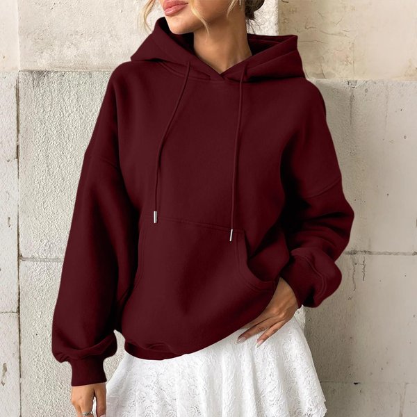Damska Bluza Z Kapturem Casualowa Moda Z DłUgim RęKawem Jednolity Kolor Bluza Z Kapturem L Wino-image