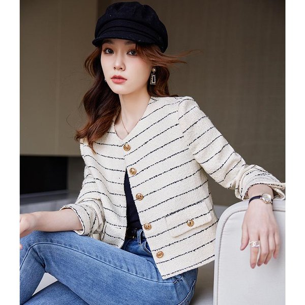 Chaqueta De Traje Corta Estilo PequeñO Fragancia A Rayas Para Mujer Para OtoñO E Invierno Temperamento Reductor De Edad Desplazamiento Top PequeñO 2XL-image