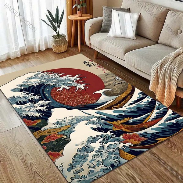 Fale Kanagawy WzóR JapońSki Dywan Nowoczesna Dekoracja Domu Dywanik Do Sypialni Salonu Mata Pod Kanapę 70X100Cm (28X39In) Black-image