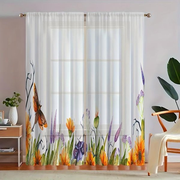 2 Piezas Cortinas Semitransparentes Con Estampado De Girasoles Cortinas Decorativas Para Ventanas Tratamientos Para Ventanas Para Dormitorio Sala De Estar DecoracióN Del Hogar 100W160H(Cm)40X63In&Grommet Top-image