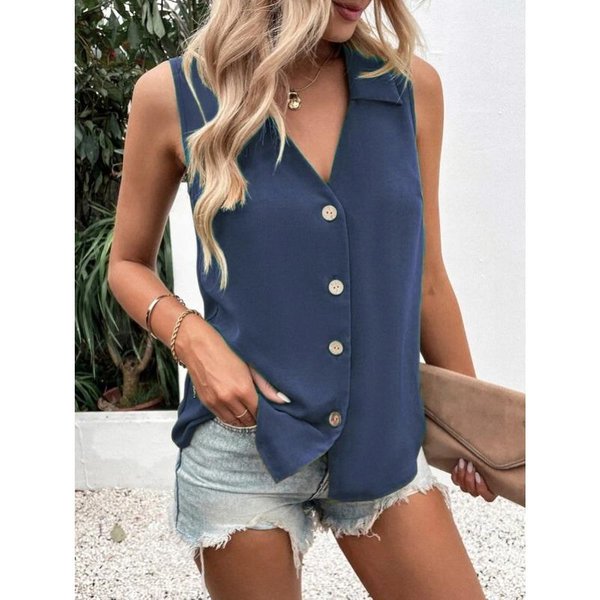 Vezfaa Blusas Y Camisas Casuales De Moda Para Mujer Verano Primavera Color SóLido Estampado Sin Mangas Cuello En V Xxxl Azul Oscuro-image