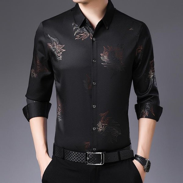 Nueva Camisa Para Hombre De Manga Larga Casual Holgada Fina Estampada Ropa De Primavera Y OtoñO Para Hombres De Mediana Edad Talla Grande Xxxxl Black-image