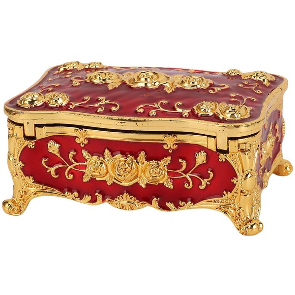 Caja Organizadora De JoyeríA Vintage DecoracióN De Rosas Forro De Terciopelo Rectangular Caja De Almacenamiento De BisuteríA De Metal Para Anillos Pendientes Dorado Rojo Beige-image