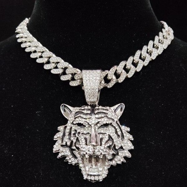 MężCzyźNi Kobiety Hip Hop Tygrys Wisiorek Naszyjnik Z 13Mm Miami KubańSki ŁAńCuch Iced Out Bling Hiphop Naszyjniki Moda Urok BiżUteria 24Inch(60Cm) Gray-image