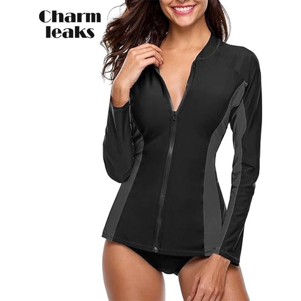 Charmleaks Damski StróJ KąPielowy Z DłUgim RęKawem Rashguard Surfing Top Rash Guard Zipper UPF50+ Stroje KąPielowe L-image