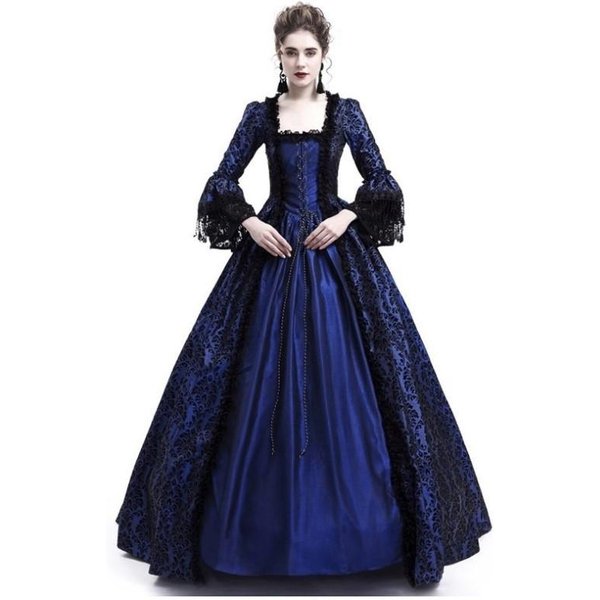 ŚRedniowieczna Gotycka Sukienka Maxi Dla Kobiet Renesansowa Koronkowa Z Kwadratowym Dekoltem I Rozkloszowanymi RęKawami Suknia Cosplay XS Niebieski-image