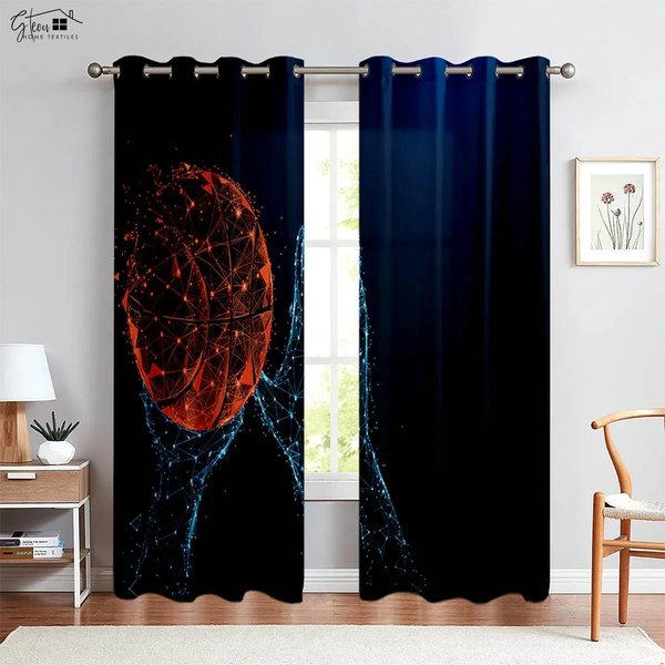Juego De 2 Piezas De Cortinas Con Estampado 3D De Baloncesto -Blooded Fibra De PoliéSter Dormitorio Sala De Estar Dormitorio Cortinas Decorativas W50Xh130(Cm)X2Pcs&Rod Pocket-image