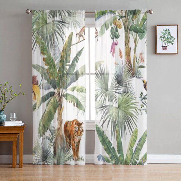 Cortinas Transparentes De Ventana Con Animales De Safari Tropicales De La Jungla Para Sala De Estar Dormitorio Cortinas De Voile Tul Cortinas Para Cocina W50H130(Cm)X2Pcs&Grommet Top-image