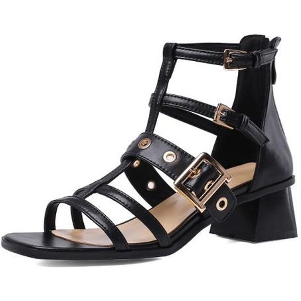 Rzymskie SandałY Damskie Kwadratowy Obcas SkóRzane Wysokie Obcasy Gladiator Buty Damskie Seksowne Odkryte Palce Solidne Grube Obcasy Letnie Buty Imprezowe 40 Czarny-image