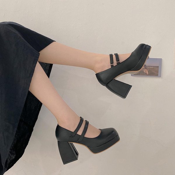 Zapatos De TacóN Alto Nueva VersióN Coreana De Primavera Salvaje Con TacóN Grueso Punta Cuadrada Retro FrancéS Zapatos Mary Jane Tendencia 35 Negro-image