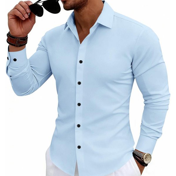 Camisa De Manga Larga EláStica Para Hombre Corte Ajustado Cuello De Botones Camisa De Vestir Camisa De Trabajo De Negocios Camisa Casual De Oficina S White-image