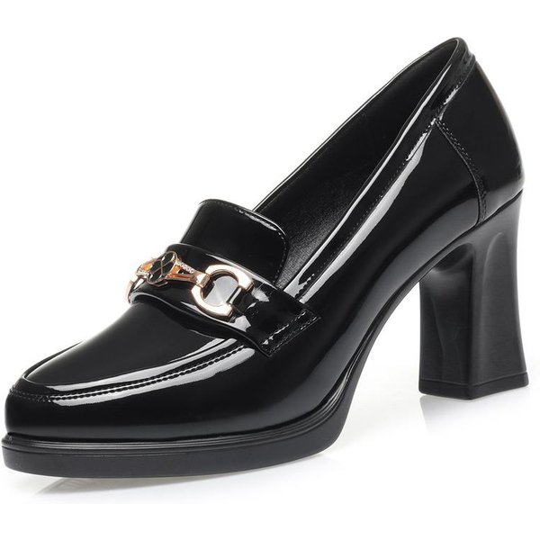 Wiosna Nowe Wysokie Obcasy Buty Sukienkowe Szpiczasty Nosek Damskie CzółEnka Czarny ŚRedni Obcas Lakierowane Wsuwane Kwadratowy Obcas SkóRzane Buty 37 Black-image