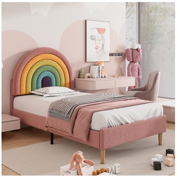 Cama Acolchada - Muvoe - 90X200 Cm - Cabecero Ajustable - Terciopelo Rosa - 1 Plaza-image