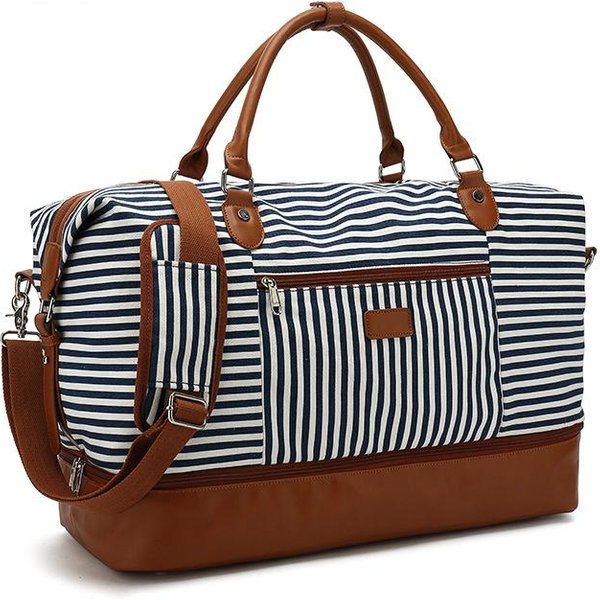 Bolsa De Viaje Rayada De Moda Lona Equipaje De Mano Bolsa De Viaje Almacenamiento Bolsa Deportiva Bolsa Con SeparacióN Seco Y HúMedo White-image