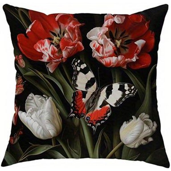 Funda De Almohada Con Estampado Floral Y De Mariposas Impresa A Doble Cara Felpa Corta Adecuada Para Salas De Estar, Dormitorios, CojíN Decorativo Para Sofá 50X50Cm-image