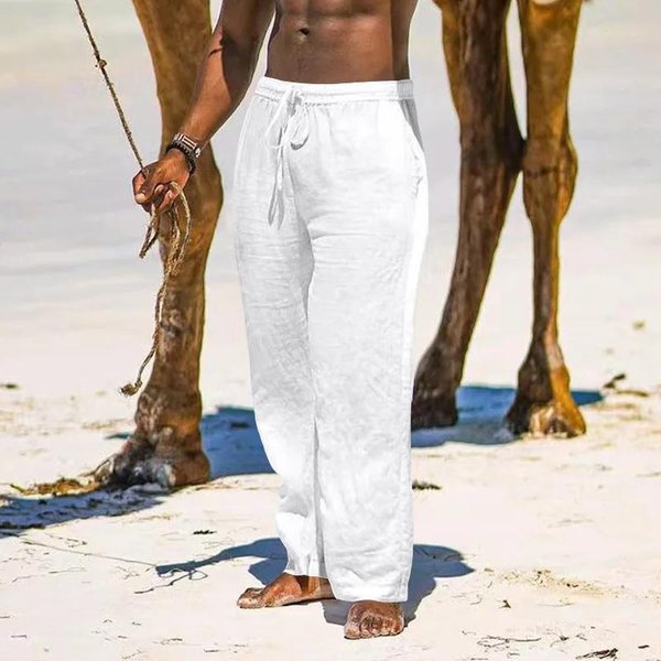 MęSkie Spodnie Lniane, BawełNiane, Na Co Dzień, LuźNe, Proste Spodnie, Lekkie Spodnie PlażOwe Ze Sznurkiem M BiałY-image