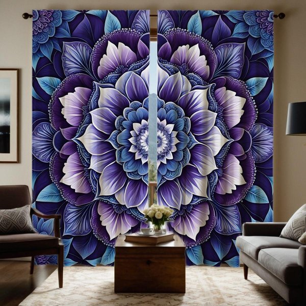 2 Piezas Flor De Mandala HD Cortina Decorativa PúRpura Corbata Cortina Impresa Digital DecoracióN Del Hogar Estilo DecoracióN Sala De Estar Cama W52H63Inchw132H160Cm Gray-image