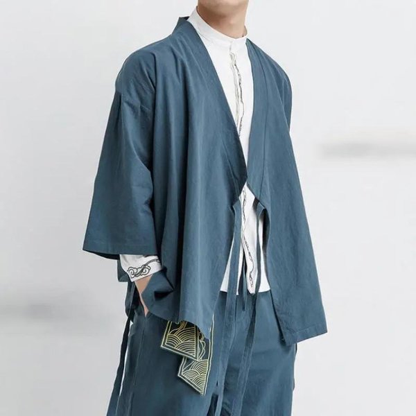 JapońSki Kardigan Kimono Styl ChińSki Len Haori Yukata Streetwear Tradycyjny Samuraj 4XL Black-image