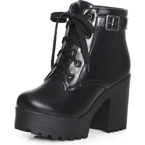 Buty Na Platformie Damskie Botki MięKka SkóRa Gruby Wysoki Obcas Klamra Buty Na Platformie Zimowe Jesienne Buty CiepłE Buty DużE 38 Czarny-image