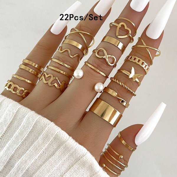 Juego De 23 Anillos De Nudillo De Moda Para Mujer Cristal Estrella Luna Ojo Ola Anillos Color Oro JoyeríA De Fiesta Trendy Regalo Brown-image