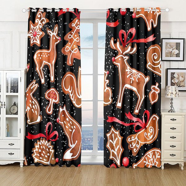 Ciervo De Dibujos Animados Feliz Navidad Cortinas Rojas Para Ventana Para NiñOs Sala De Estar Dormitorio BañO Armario Puerta De Cocina DecoracióN Del Hogar 2 Piezas W50 X H130(Cm)X2&Grommet Top-image