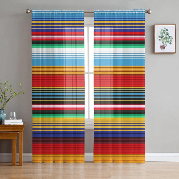 Rayas Mexicanas Rayas De Colores Cortinas Transparentes Para DecoracióN De Sala De Estar Cortina De Ventana Cocina Tul Voile Organza Cortinas W135 X H115Cm X1&Rod Pocket-image
