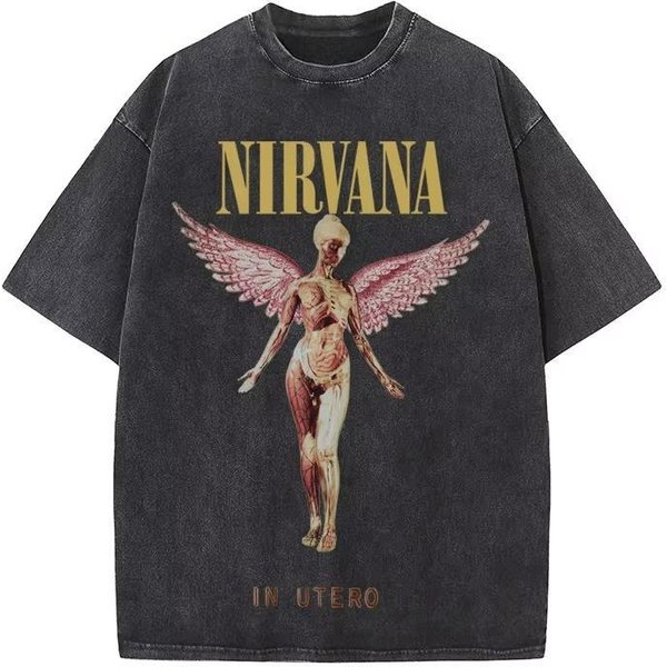 Camiseta De AlgodóN Lavado Retro Para Hombre De La Banda De Rock Nirvana In Utero Camiseta De Gran TamañO Y2K Desgastada Casual Holgada Streetwear S Black-image