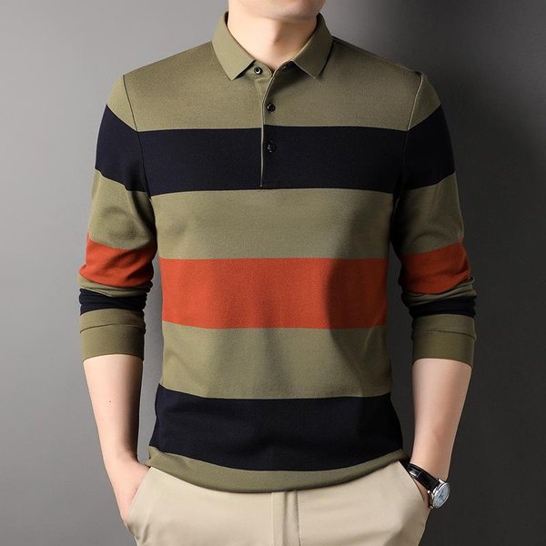 Polo De OtoñO Para Hombre De Mediana Edad, Camiseta De AlgodóN De Manga Larga A Rayas Con Solapa Y Colores A Juego Xxxl Gray-image