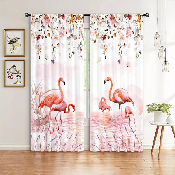 Juego De Cortinas De 2 Piezas Con Estampado De Flamencos Y Flores DiseñO De Bolsillo Para Barra PoliéSter Para Sala De Estar Dormitorio Cocina Persianas Ventana Al Piso (W50H130Cm)-2Pcs&Grommet Top-image