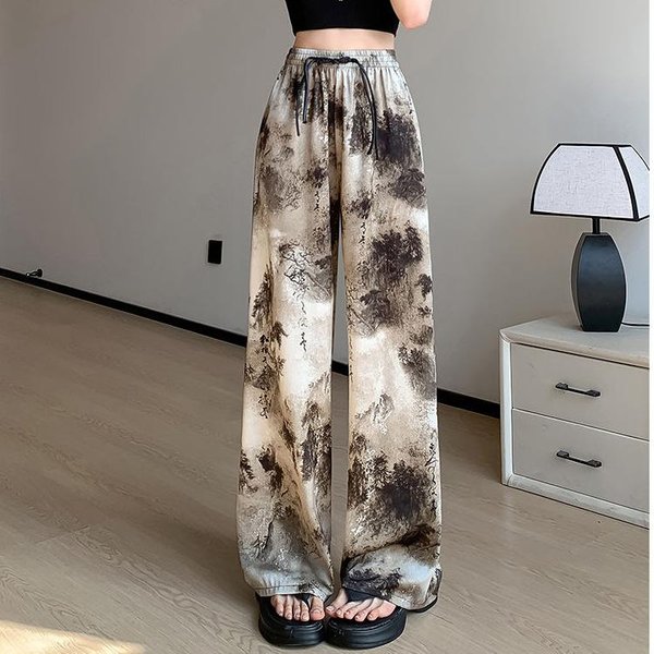 Pantalones De Nuevo Estilo Chino Para Mujer En Verano Cintura Alta Drapeado Pintura De Tinta Pantalones De Pierna Ancha Para Que Parezcan Delgados Pantalones Rectos 2XL Gray-image