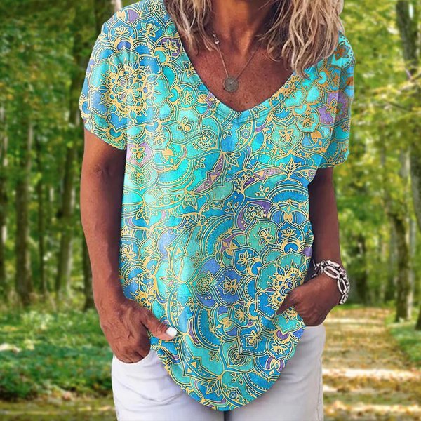 Moda Damska T-Shirt 3D Kwiatowy Print Topy Koszulki V Neck KróTkie RęKawy Ubrania Damskie Lato DużY Rozmiar T Shirt Odzież Damska 7XL Blue-image